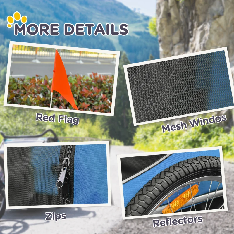 PawHut Rimorchio Bici per Cani Taglia Media con Punto di Attacco, Finestre Laterali e Bandierina, Rimorchio per Bici in Acciaio e Tessuto Oxford, 130x73x90 cm, Blu e Nero