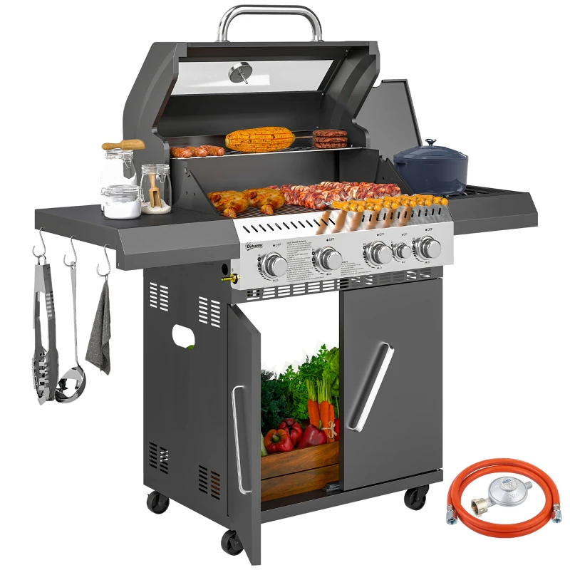 Outsunny Gasgrill 12 KW Grillwagen inkl 5 Brenner Seitenkocher Rolle Deckel Thermometer Seitenablagen 135 x 54 x 110 cm(m-10)