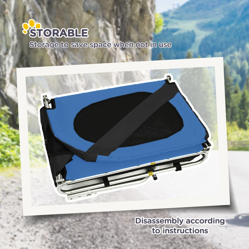 PawHut Rimorchio Bici per Cani Taglia Media con Punto di Attacco, Finestre Laterali e Bandierina, Rimorchio per Bici in Acciaio e Tessuto Oxford, 130x73x90 cm, Blu e Nero