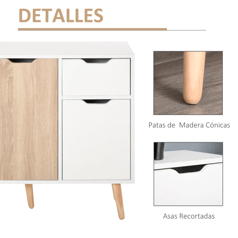 HOMCOM Aparador Moderno Aparador para Salón con 3 Puertas y Cajón Mueble Auxiliar para Salón Cocina Dormitorio 90x30x72 cm Blanco y Natural(m-5)