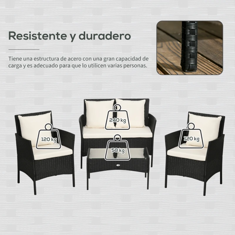 Outsunny Conjunto de Jardín de Ratán Sintético con 2 Sillones 1 Sofá de 2 Plazas 1 Mesa de Centro y Cojines Negro y Crema