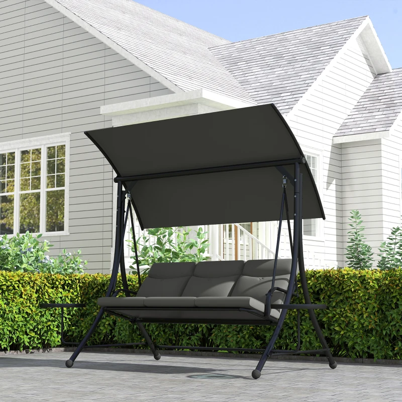 Outsunny Three-Seater Garden Swing, with Adjustable Canopy - Black/Grey