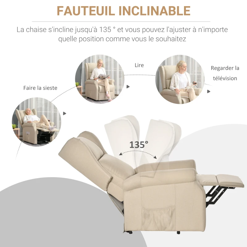 HOMCOM Fauteuil releveur inclinable avec Repose-Pied Fauteuil de Relaxation électrique Ajustable Lin Crème