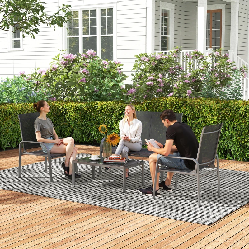 Outsunny Set da Esterno 4pz con Tavolino, 2 Sedie e Divanetto con Schienale Regolabile, in Acciaio e Textilene Nero