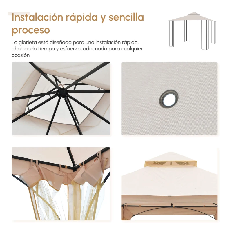 Outsunny Cenador de Jardín 3x3 m Gazebo con 4 Cortinas Laterales de Cremallera y Doble Techo con 8 Orificios de Drenaje Estilo Moderno para Patio Aire Libre Beige