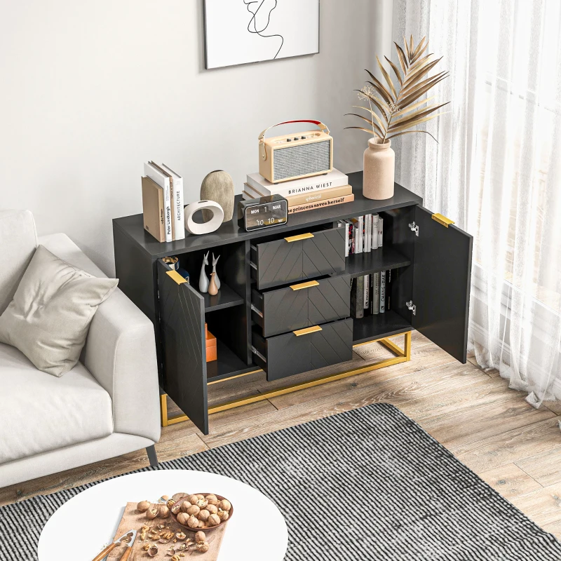 HOMCOM Aparador para Salón con 3 Cajones 2 Puertas y Estante Ajustable Mueble Auxiliar para Salón Antivuelco 120x40x76 cm Negro