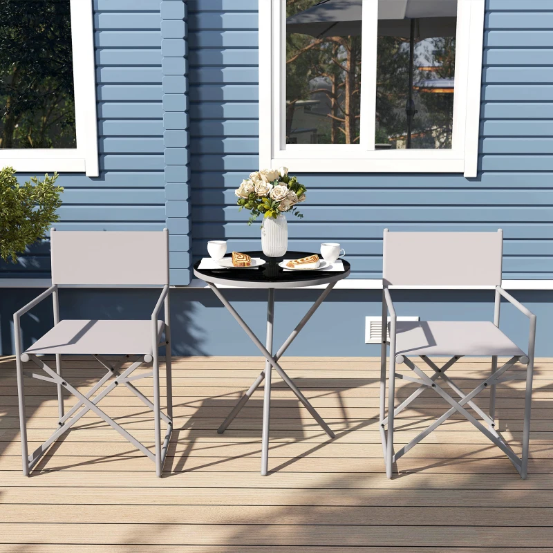 Outsunny Conjunto de Jardín 3 Piezas con Mesa Redonda de Vidrio Templado y 2 Sillas Plegables con Asientos de Malla Transpirable