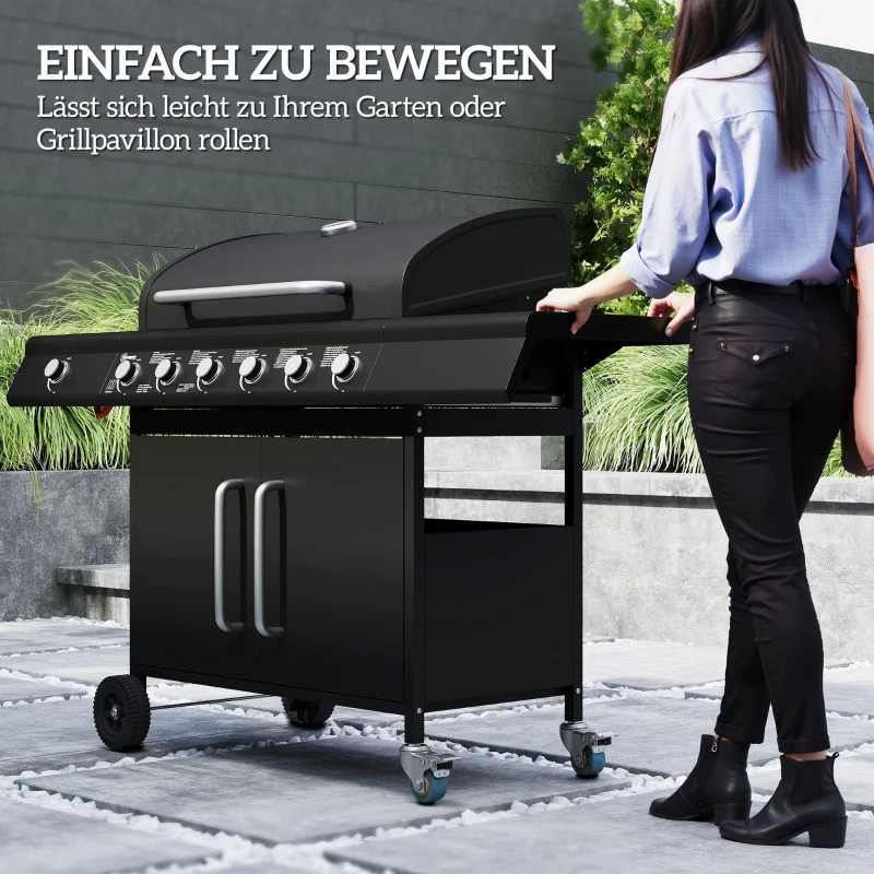 Outsunny Fahrbarer Gasgrill mit Stauraum, Seitentisch, Seitenbrenner, Warmhalterost, Thermometer, Edelstahl, Schwarz