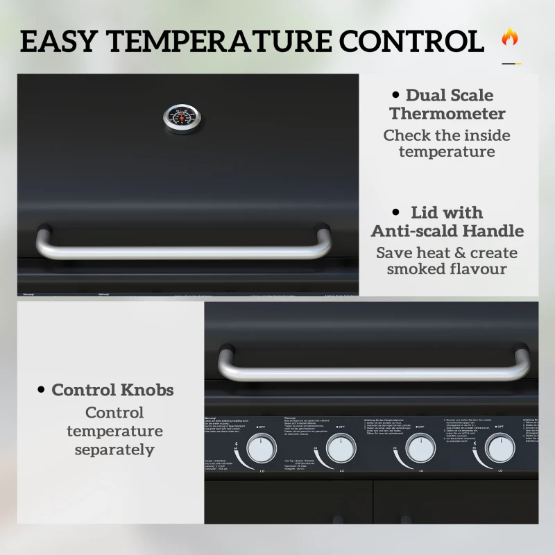 Outsunny Mobiele Gasbarbecue met Opbergruimte, Zijtafel, Zijbrander, Warmhoudrek, Thermometer, Roestvrijstaal, Zwart