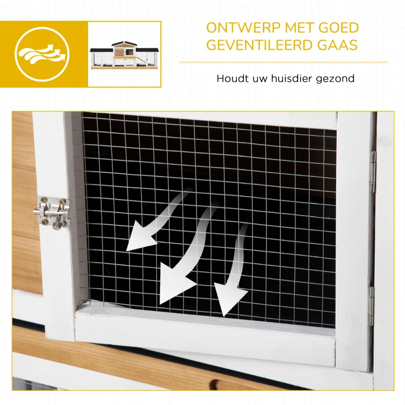 PawHut konijnenhok met ren, hok voor kleine dieren, dwerg konijnenhok met oprit, cavia hok, kooi voor kleine dieren, dwergkonijn kooien voor buiten, winterklaar, sparrenhout, wit, 230 x 53 x 93.5 cm