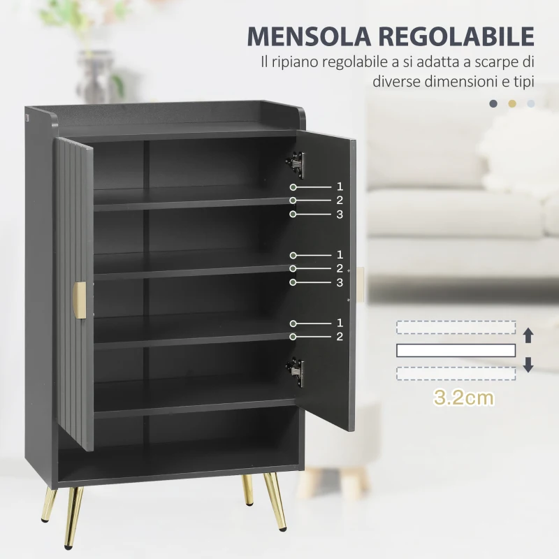 HOMCOM Scarpiera Slim Moderna a 4 Livelli con 2 Ante e Ripiani Regolabili per max 15 Scarpe, in Truciolato e Acciaio, 60x33x100 cm, Grigio e Oro