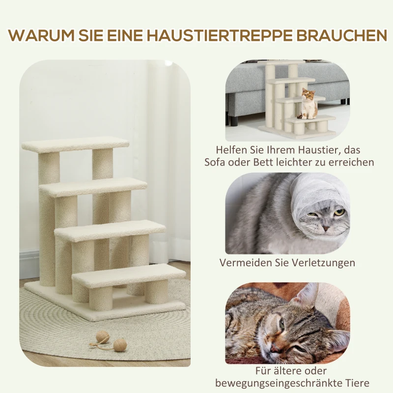 PawHut Katzentreppe 4 Stufen Tiertreppe Treppe für Katze Haustiertreppe Hundetreppe aus Plüsch 61 x 41 x 60 cm Cremeweiß
