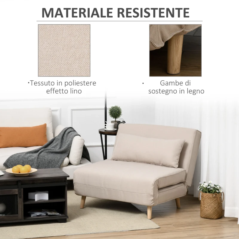HOMCOM Poltrona Letto 3 in 1 con Schienale Reclinabile in 6 Posizioni, 94x78x80 cm, Beige