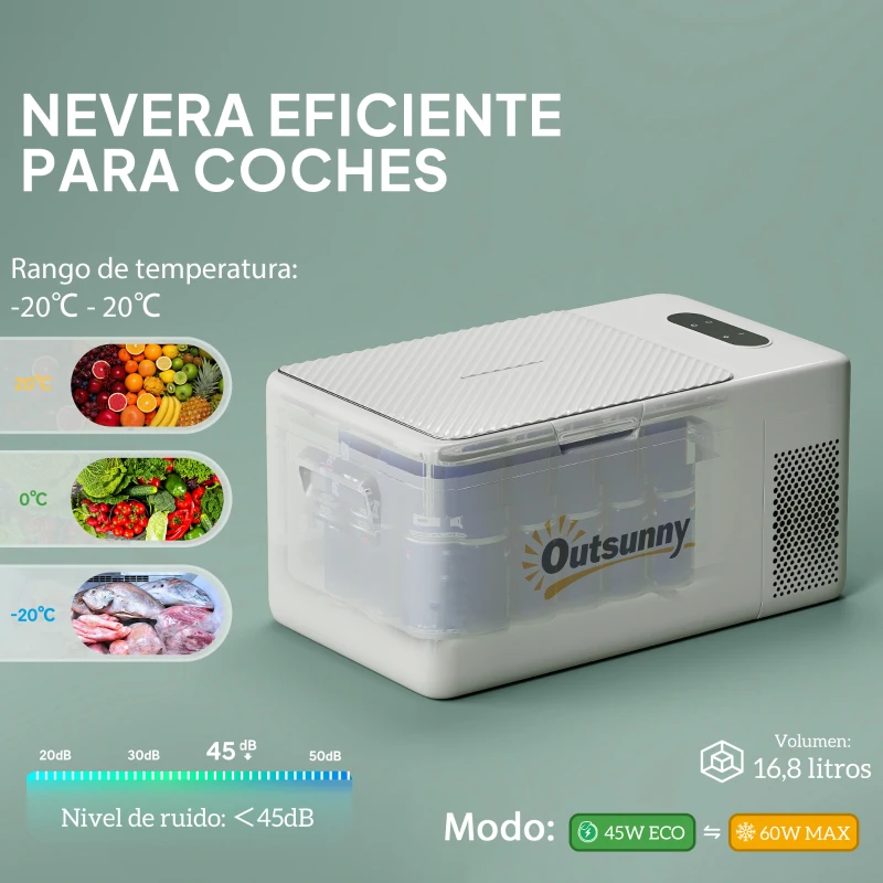 Outsunny Nevera Portátil Eléctrica 16,8L Refrigerador de Coche 12/24/220V -20℃ a +20 ℃ con Pantalla Luz LED 59x32x26 cm Blanco