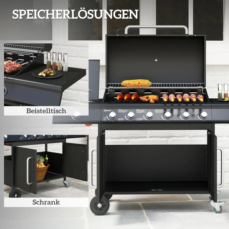 Outsunny Fahrbarer Gasgrill mit Stauraum, Seitentisch, Seitenbrenner, Warmhalterost, Thermometer, Edelstahl, Schwarz