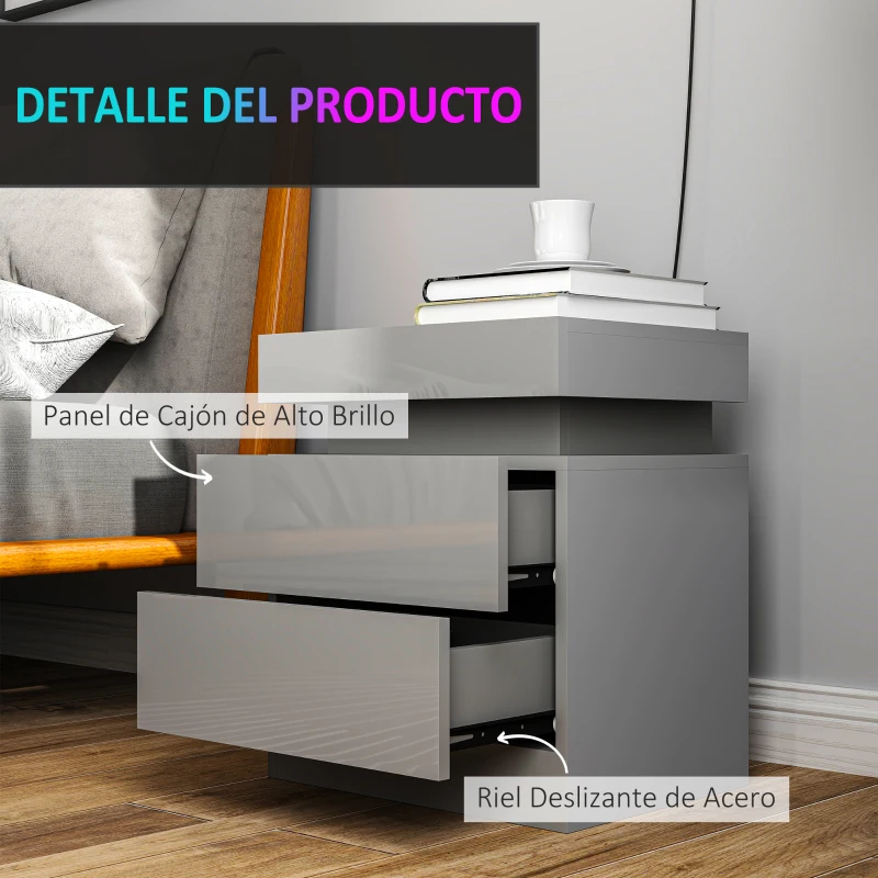 HOMCOM Mesilla de Noche con Luces LED 2 Cajones y Control Remoto Mesa de Noche para Dormitorio Salón 45x35x52 cm Gris