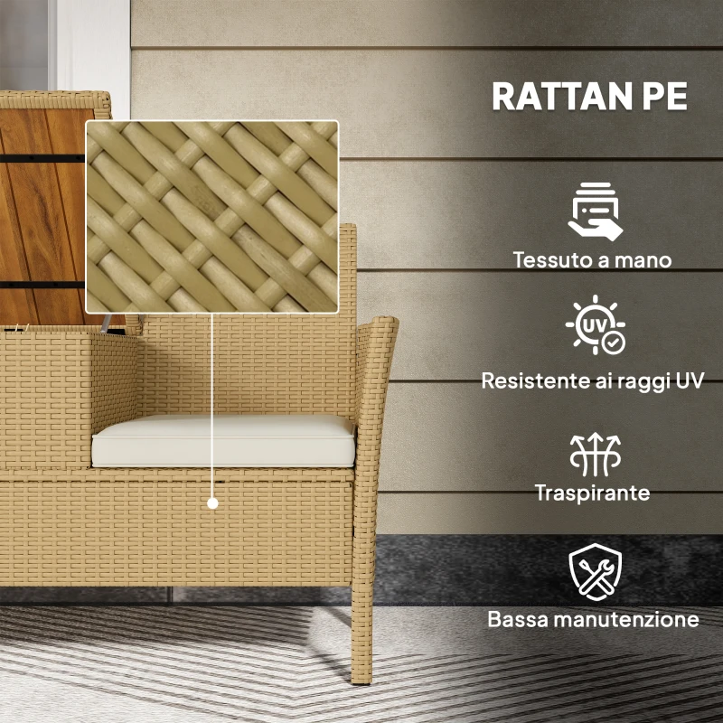 Outsunny Panca da Giardino con Tavolino a Ribalta Portaoggetti, in Rattan e Acciaio, 134x58x82 cm, Crema e Cachi