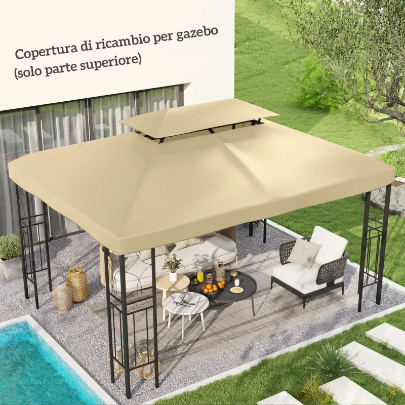 Outsunny Copertura di Ricambio per Gazebo 4x3 m in Poliestere Anti UV con Tetto a 2 Livelli, Crema