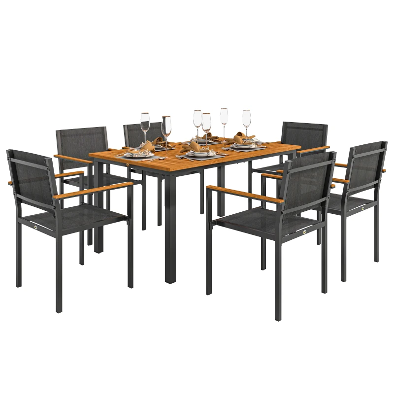 Outsunny Set de Grădină din 7 Piese cu Masă și 6 Scaune Stivuibile cu Brațe, 150x90x75 cm, Lemn Natural