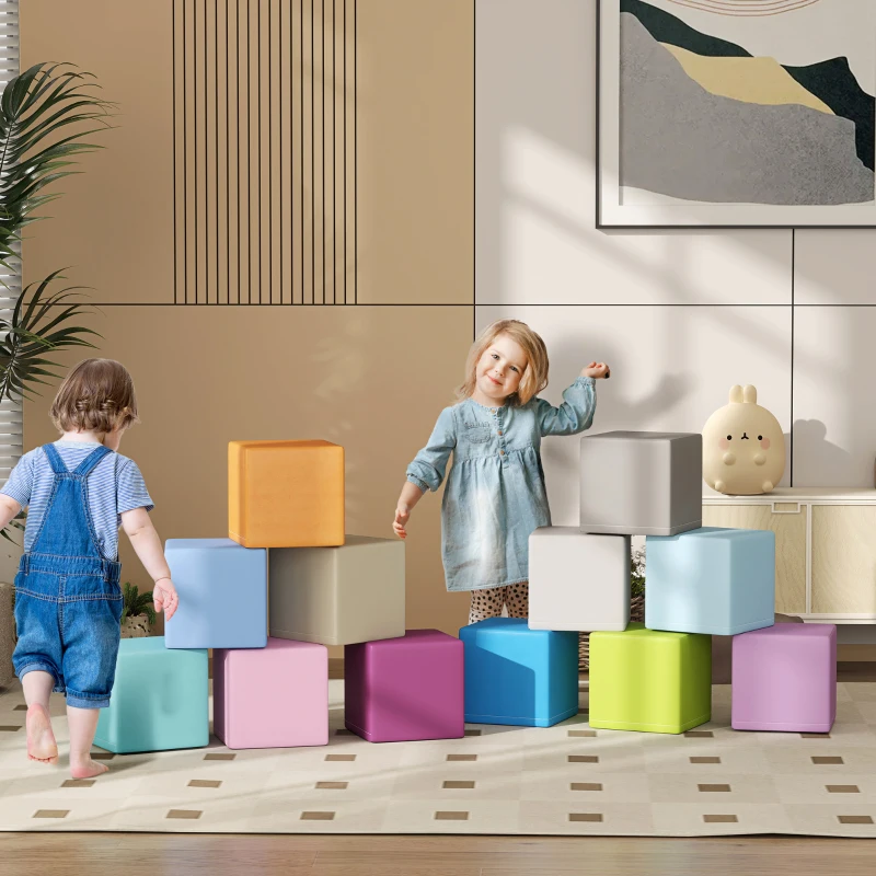 HOMCOM Set 12 Cuburi de Jucărie Moi pentru Copii 12-36 Luni, 20x20x20 cm, Multicolor Închis