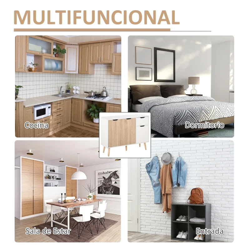 HOMCOM Aparador Moderno Aparador para Salón con 3 Puertas y Cajón Mueble Auxiliar para Salón Cocina Dormitorio 90x30x72 cm Blanco y Natural(m-7)