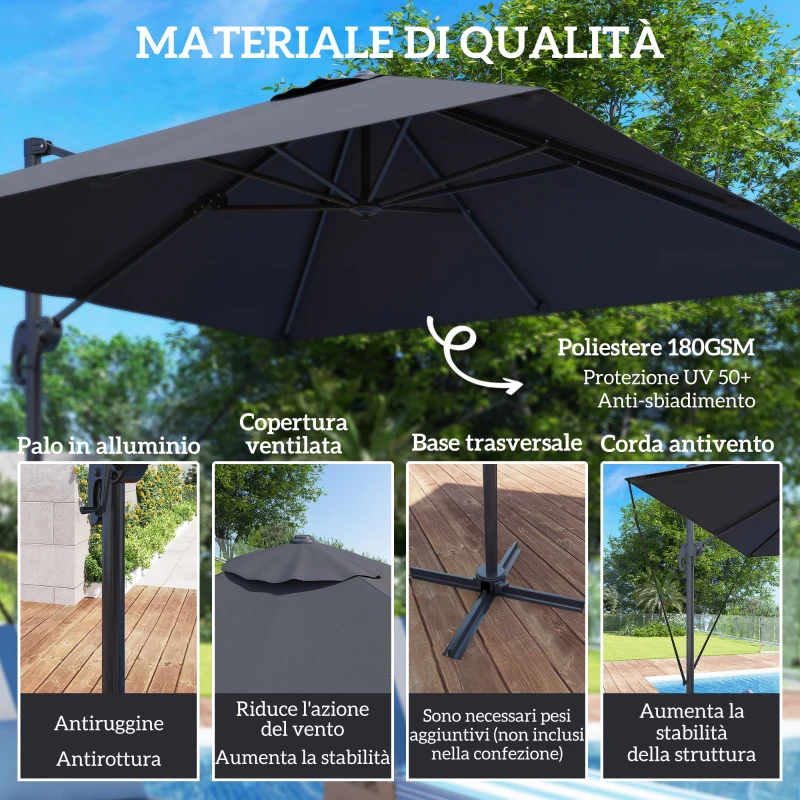 Outsunny Ombrellone da Giardino 2.5x2.5 m a Braccio, Girevole a 360° con Manovella e Base a Croce, Grigio Scuro