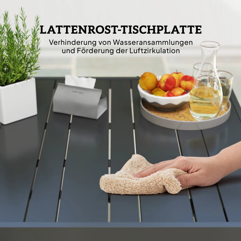 Outsunny Tuintafel 152x90 cm, Weerbestendige Balkontafel van Staal, Bijzettafel met Parasolgat, Lattenontwerp Zwart