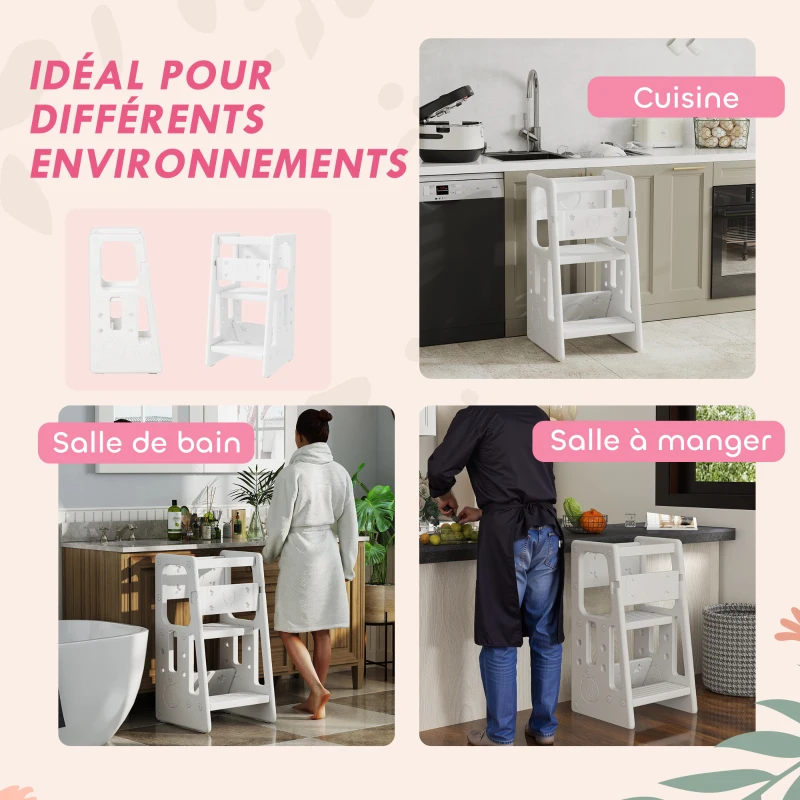HOMCOM Tour d'apprentissage Tour d'observation Montessori pour Enfants de 18 Mois à 5 Ans Hauteur réglable sur 3 Niveaux en HDPE Charge max. 65 kg 47 x 47 x 90 cm blanc