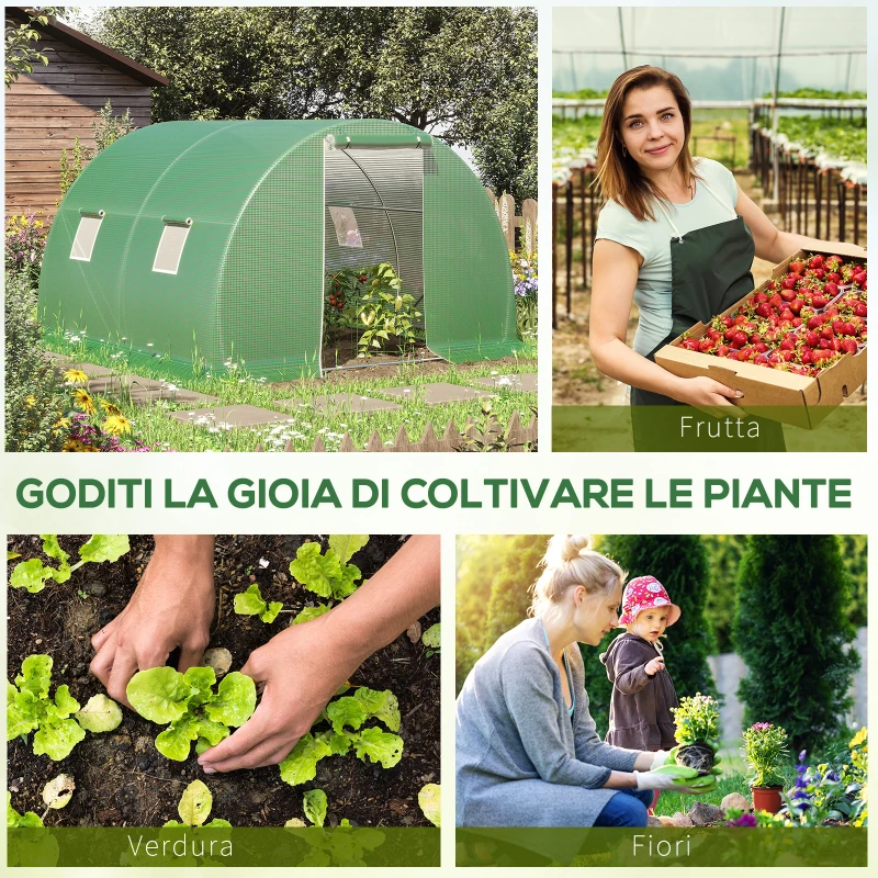 Outsunny Serra a Tunnel da Esterno 3x3x2m con Copertura in PE, Porta con Cerniera e 4 Finestre, Verde