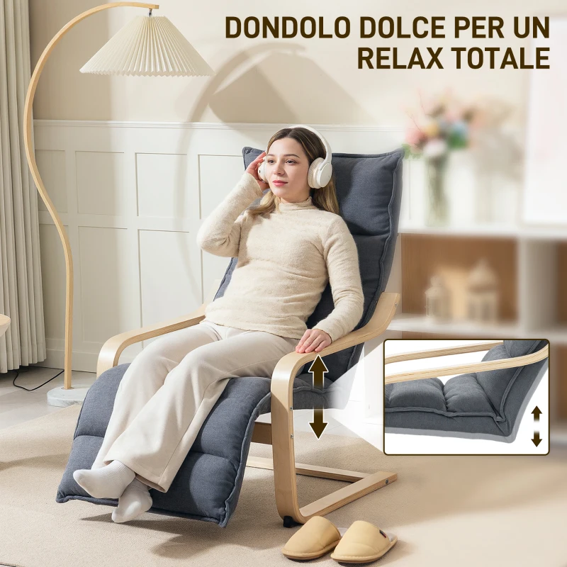 HOMCOM Poltrona Relax in Legno con Rivestimento in Velluto e Poggiapiedi Regolabile, Grigio Scuro