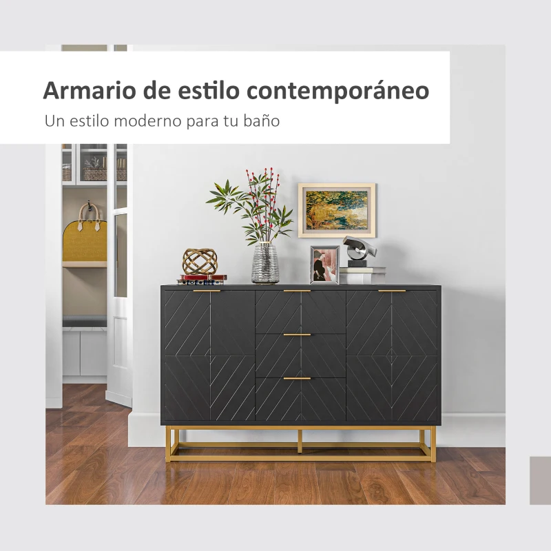 HOMCOM Aparador para Salón con 3 Cajones 2 Puertas y Estante Ajustable Mueble Auxiliar para Salón Antivuelco 120x40x76 cm Negro