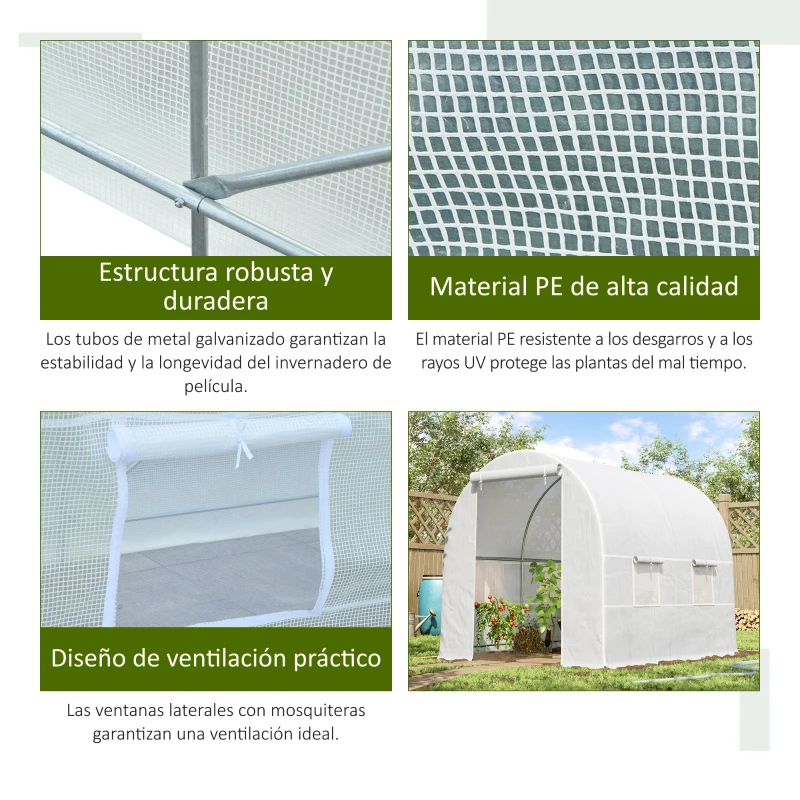 Outsunny Invernadero de Túnel con Puerta Enrollable y 4 Ventanas para Cultivo Plantas Verduras 245x200x200 cm Blanco