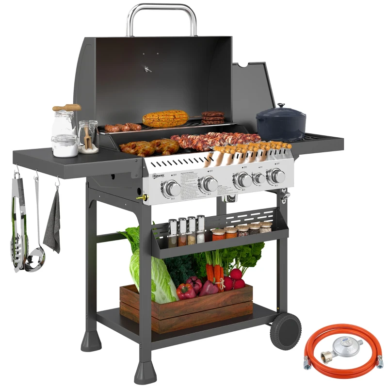 Outsunny Gasgrill, BBQ-Grill, 4 Hauptbrenner, 1 Seitenkocher, 1 Warmhalteplatte; 135 x 55 x 103 cm, Schwarz