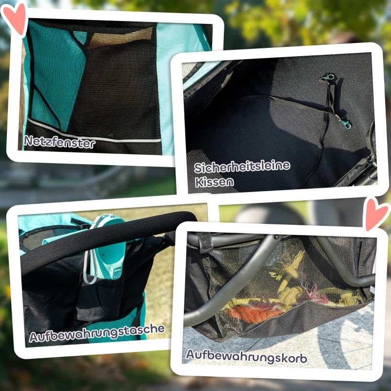 PawHut Hondenbuggy voor Kleine Honden en Katten - Met Opbergmand, Één-Klik Opvouwbaar Ontwerp, Turquoise(m-8)
