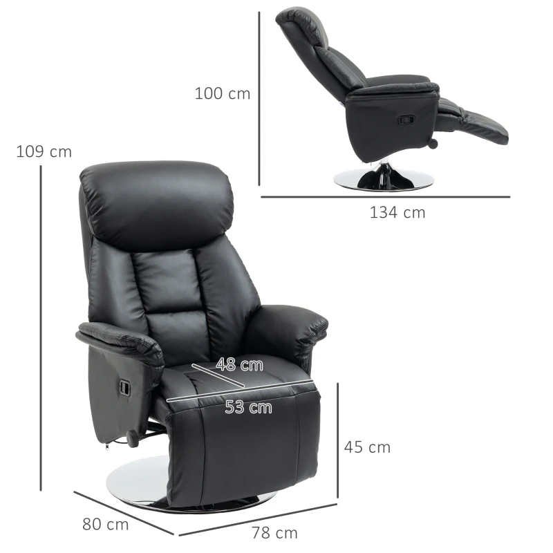 HOMCOM Relaxsessel, Liegefunktion, Lederoptik, Fußstütze, bis 150 kg, 78 x 80 x 109 cm, Schwarz(m-3)