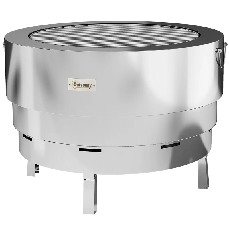 Outsunny Stainless Steel Wood-burning Fire Pit with Fire Poker - Silver