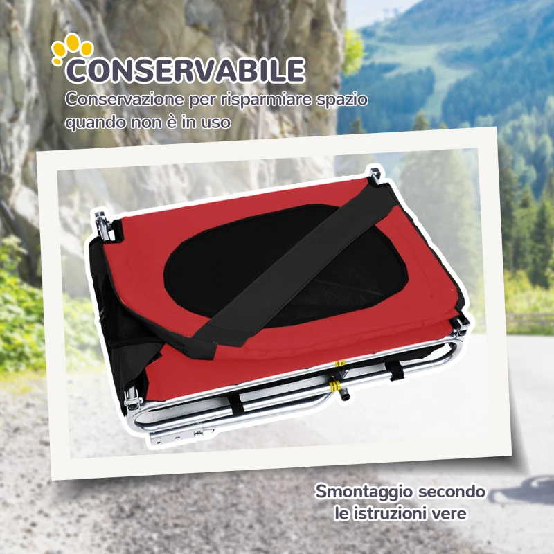 PawHut Rimorchio Bici per Cani Taglia Media con Punto di Attacco, Finestre Laterali e Bandierina, Rimorchio per Bici in Acciaio e Tessuto Oxford, 130x73x90 cm, Rosso e Nero