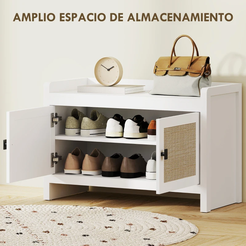 HOMCOM Banco Zapatero con Puertas Frentes de Ratán Balda Extraíble para Entrada o Dormitorio 80x35x52 cm Blanco y Beige