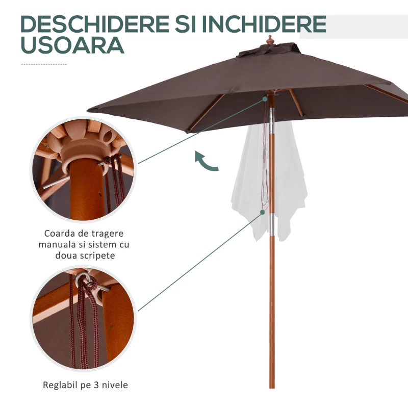 Outsunny Umbrelă de Grădină Înclinabilă cu Sistem cu Șnur și Orificiu de Ventilație, 200x150x235 cm, Cafeniu
