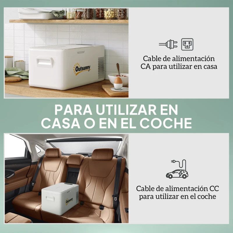 Outsunny Nevera Portátil Eléctrica 16,8L Refrigerador de Coche 12/24/220V -20℃ a +20 ℃ con Pantalla Luz LED 59x32x26 cm Blanco