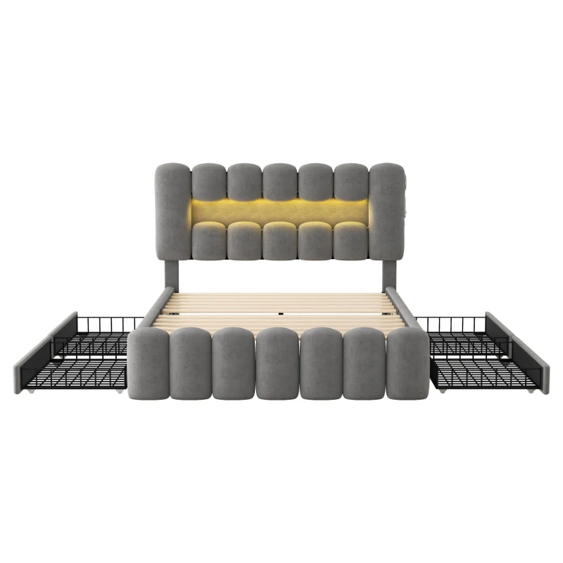 Doppelbett Polsterbett 160x200 mit Schubladen Samtoptik LED-Lichtleiste Grau