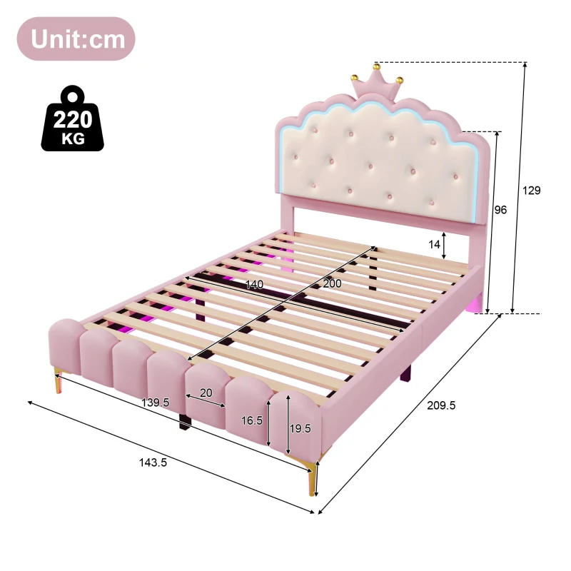 Lit rembourré 140x200 cm avec sommier à lattes, éclairage d'ambiance et forme de princesse, sans matelas, Rose