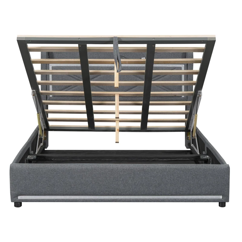 Lit plat 140×200 cm avec dispositif de levage hydraulique，grand espace de rangement, sans matelas, Gris