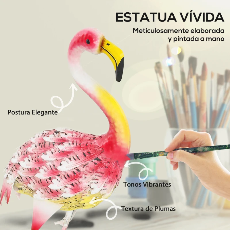 Outsunny Estatua para Jardín de Flamenco de Metal para Exterior para Decoración de Césped Patio Estanque 27x14x60 cm Rosa