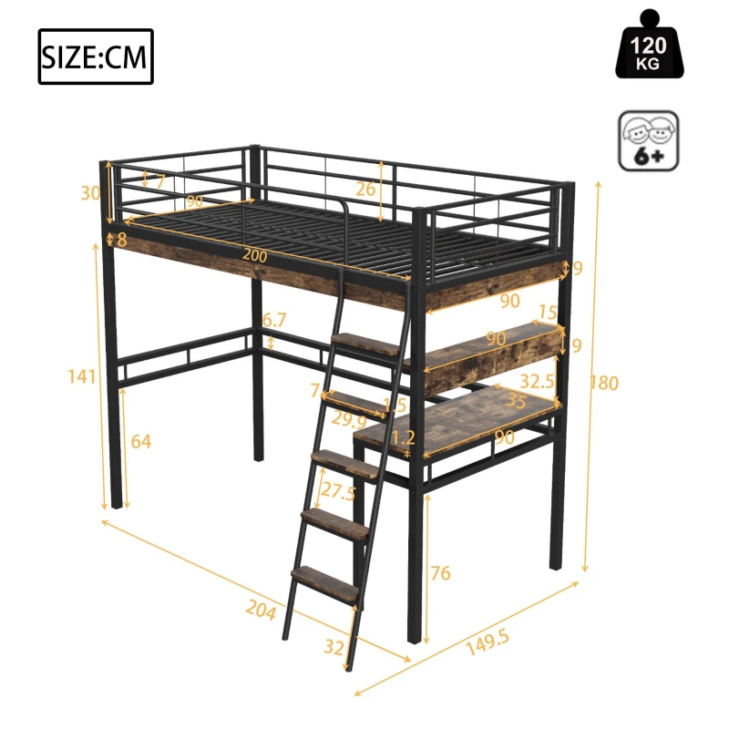 Letto a soppalco 90×200 cm, con scrivania e scaffali, senza materasso, Nero