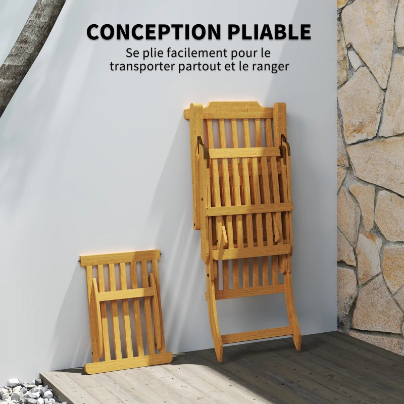 Outsunny Chaise longue pliante bain de soleil avec coussin en bois d'acacia, repose-pieds, 160 kg 155 x 54 x 86 cm blanc