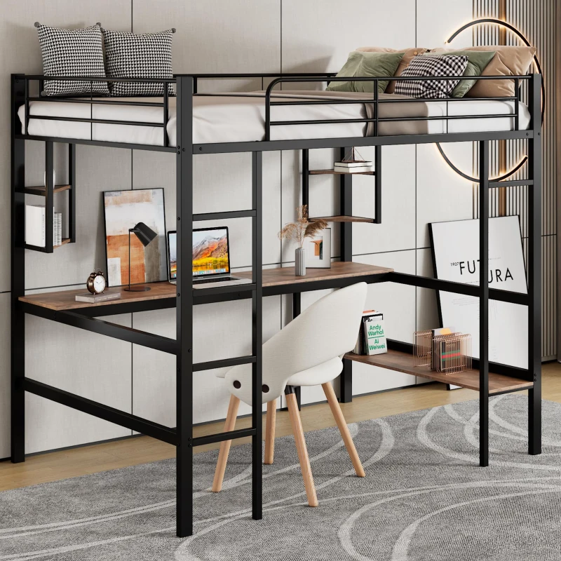 Lit mezzanine en métal 90x200 cm avec bureau et étagères, pour enfants et adultes, sans matelas, Noir