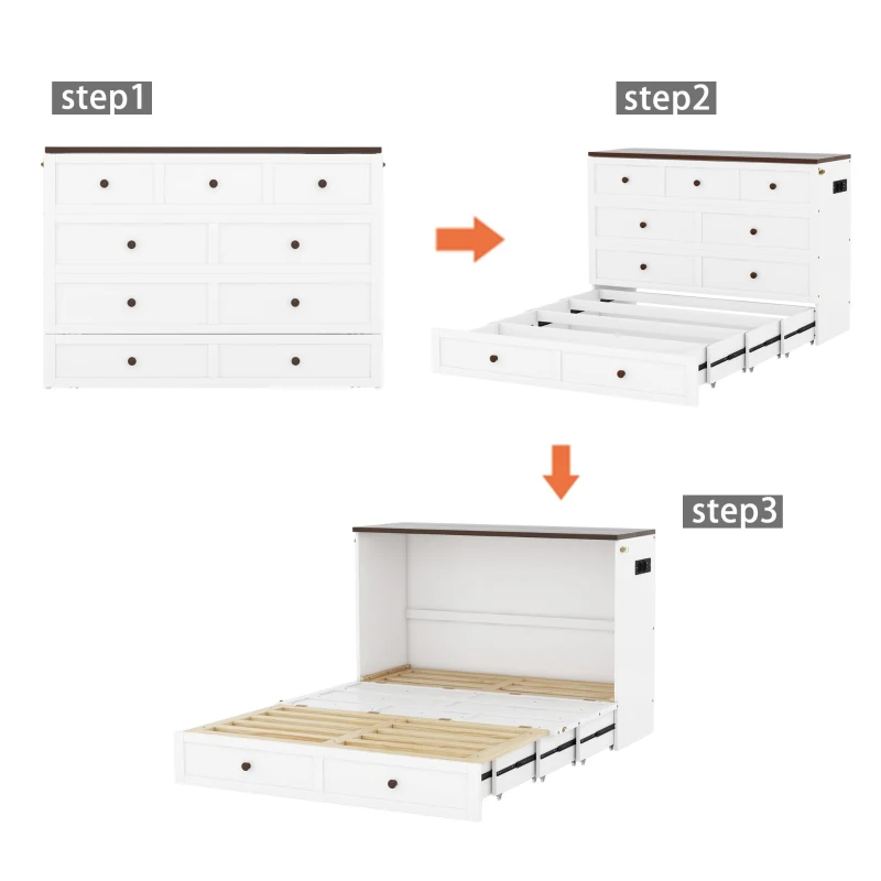 Lit escamotable 140x200 cm, lit plateforme mobile avec tiroirs et étagère, convertible et gain de place, sans matelas, Blanc