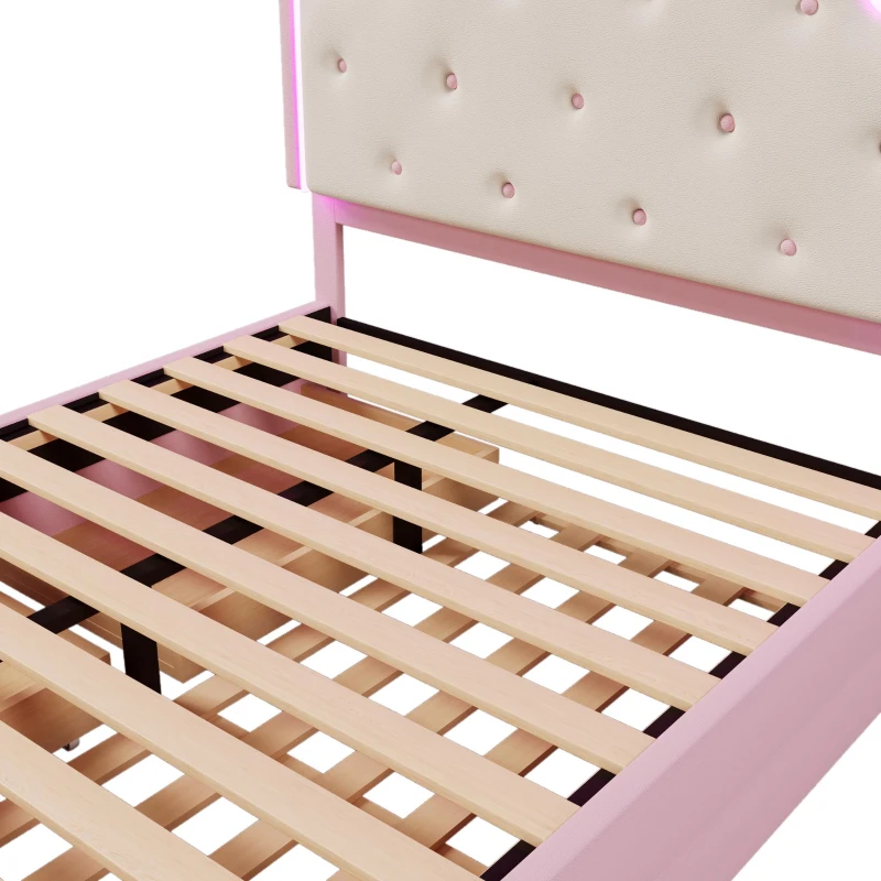 Letto imbottito 140x200 cm con rete a doghe, letto estraibile e 2 cassetti, senza materasso, Rosa