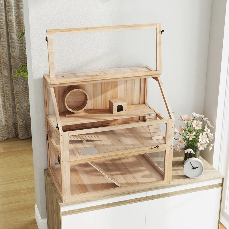 PawHut Hamsterkäfig aus Holz 3 Etagen Nagarium Nagerkäfig mit klappbarem Deckel Laufrad 80 x 50 x 76 cm Naturholz(m-9)
